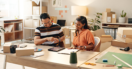 Image showing Teamwork, small business or happy people with tablet for e commerce, startup or inventory in shop. Entrepreneur, woman or manager on technology for courier logistics, boxes or online package order