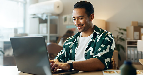 Image showing Ecommerce, man and typing on laptop in office for research, feedback and supply chain for business. Asian, person and planning on pc for logistics, stock administration or package distribution data