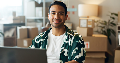 Image showing Ecommerce, man and portrait with laptop in office for research, feedback and supply chain for business. Asian, person and face with pc for logistics, stock administration or package distribution data