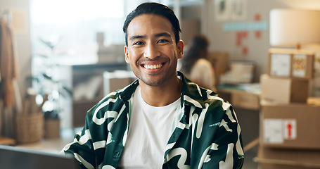 Image showing Happy asian man, portrait and face in logistics, small business or fashion designer at boutique. Creative male person smile for startup, career ambition or success at retail clothing store or shop