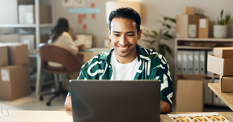 Image showing Logistics, man and reading on laptop in office for research, feedback and supply chain for business. Asian, person and happiness on pc for logistics, stock administration or package distribution data