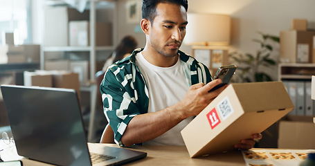 Image showing Asian man, phone and box in logistics for inventory inspection or pricing at retail boutique. Male person or small business owner with mobile smartphone, laptop and boxes for storage check at store