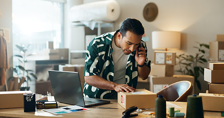 Image showing Man, box and phone call in logistics or small business for order, inventory inspection or delivery at boutique. Male person talking on mobile smartphone with parcel, package or cargo at retail store