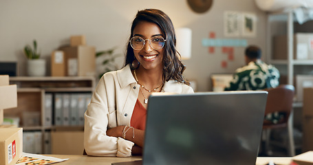 Image showing Woman, portrait and laptop, ecommerce and logistics, courier company with shipping and small business owner. Website, digital inventory list and delivery with smile in office, supply chain and retail