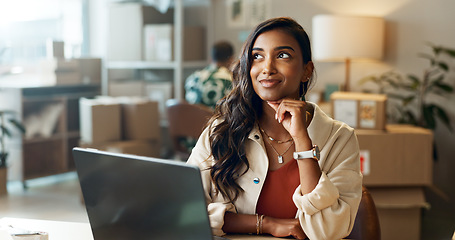 Image showing Ecommerce, woman and thinking with laptop in office for research, feedback and supply chain for business. Indian, person and ideas with pc for logistics, administration or package distribution