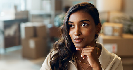 Image showing Woman, thinking and logistics in small business for shipping, boxes and supply chain of products. Distribution, workshop and employee problem solving a solution for delivery of stock and inventory