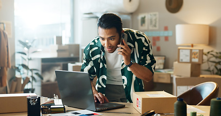Image showing Man, boxes and phone call for e commerce, logistics and stock search on laptop, online shop or customer support. Seller, supplier or delivery talking on mobile of package or order on computer