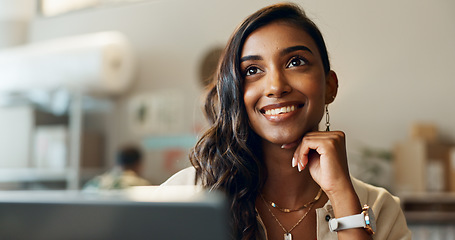 Image showing Woman, face and thinking, future and ideas for shipping company with small business owner and dream. Problem solving, solution and decision, laptop and online shopping with logistics and planning