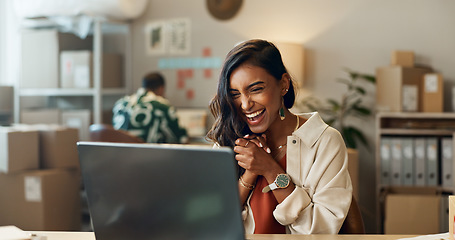 Image showing Woman, ecommerce and excited with laptop for sales negotiation, product investment or client growth. Indian, person and happiness for business meeting, profit celebration or logistics target at work