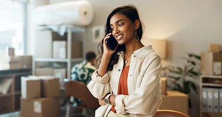 Image showing Woman, phone call and communication, ecommerce and logistics, courier company with shipping and small business owner. Discussion about inventory, supplier and delivery with supply chain and retail