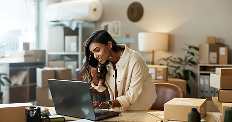 Image showing Woman, phone call and laptop, ecommerce and logistics with communication and small business owner. Shipping, check digital inventory list for delivery and networking with supplier and supply chain