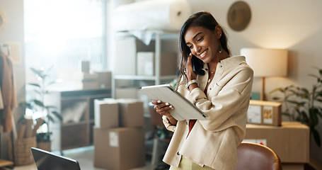 Image showing Business, phone call and woman with a tablet, ecommerce and connection with online order, internet and website information. Person, employee or entrepreneur with technology, cellphone or productivity