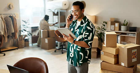 Image showing Business, phone call and man with a tablet, boxes or connection with online order, internet or website info. Person, employee or entrepreneur with technology, cellphone or online order with ecommerce