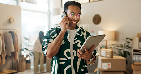 Image showing Phone call, retail and a man with a tablet for an order, stock communication or reading email. Ecommerce, sales and an Asian employee with technology and conversation on mobile to check inventory