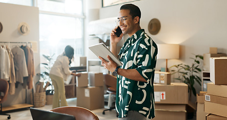 Image showing Business, phone call and man with a tablet, shipping and startup with internet, smile and website info. Person, employee or entrepreneur with technology, cellphone or online order with ecommerce