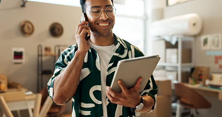 Image showing Phone call, fashion and a man with a tablet for a delivery, stock communication or reading email. Ecommerce, sales and an Asian employee with technology and conversation on mobile to check inventory