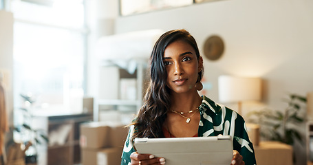 Image showing Thinking, logistics and woman with tablet for shipping, small business and planning supply chain schedule. Employee, problem solving and tech for online shopping, inventory and dropshipping boxes