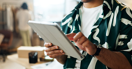 Image showing Man, tablet and hands in small business, logistics or supply chain for online research at fashion boutique. Closeup of male person working on technology for web search or networking at retail store