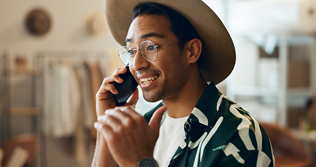 Image showing Ecommerce, phone call or man with business, talking or smile with connection, digital app or online order. Entrepreneur, employee or worker with a cellphone, contact or fashion designer with startup
