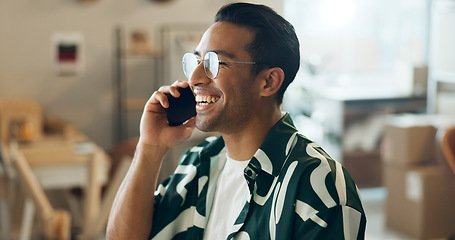 Image showing Happy man, phone call and shipping in small business, conversation or logistics at fashion boutique. Male person smile talking on mobile smartphone in online order, discussion or sale at retail store