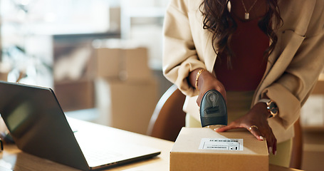 Image showing Woman, laptop and hands scan box in logistics for pricing, check or inventory inspection at warehouse. Closeup of female person working with computer, scanner or boxes for storage or price at store