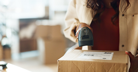 Image showing Woman, hands and scan box in logistics for inventory check, storage inspection or pricing at boutique. Closeup of female person or employee scanning boxes for price, barcode or information at store