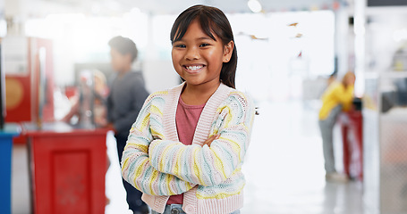 Image showing Young, child and exhibition with happy portrait for education, kindergarten and kid learning with toys. Girl student, face and smile to study or develop, excited and science play for problem solving