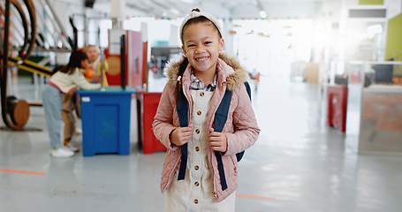 Image showing Young, child and museum with happy portrait for education, kindergarten and kid learning with toys. Girl, student and face with smile to study, develop or excited for science play for problem solving