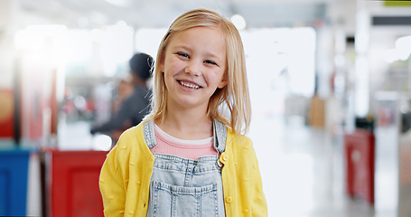 Image showing Portrait, girl and child with knowledge for science, convention or exhibition with smile and confidence. Face, student or kid with happiness at scientific tradeshow, workshop or academy for education