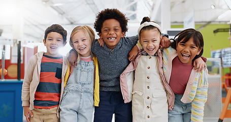 Image showing Science, portrait or group of children with smile at convention, expo or exhibition for learning. Kid or face with diversity at tradeshow or scientific conference for knowledge, workshop or education