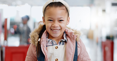 Image showing Portrait, girl and child with education for science, convention or exhibition with smile and backpack. Face, student and kid with happiness for knowledge, learning or scholarship at academy or school