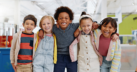 Image showing Science, portrait and group of children with happiness at convention, expo or exhibition for workshop. Student, kid or face with smile at tradeshow or scientific conference for knowledge or education