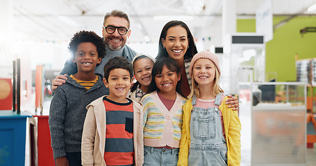 Image showing Science, portrait and group of children with teachers at convention, expo or exhibition with happiness. Man, kids and face with smile at tradeshow or scientific conference for knowledge and education