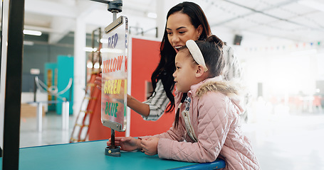 Image showing Learning, teacher and student with education, classroom and science with research, conversation and explain colours. Person, woman and child with educator, student and kid with support and questions