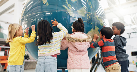 Image showing Children, planet and geography for learning, earth and school classroom. Kindergarten, students and happiness for innovation, world map and science for future, child development and stem education