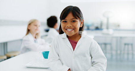 Image showing Portrait, girl and child in laboratory for science, knowledge or learning about chemistry with smile and lab coat. Face, student and kid with happiness in classroom, workshop or academy for education