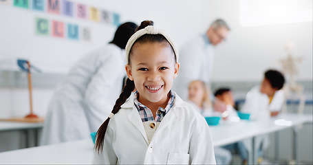 Image showing Portrait, girl and child in classroom with lab coat for knowledge or learning about chemistry with smile. Face, student and happy kid in laboratory, workshop or academy for education or research