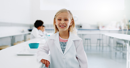 Image showing Portrait, girl and child with lab coat for science, convention or exhibition with smile and education. Face, student and kid with happiness at scientific tradeshow, workshop or academy for knowledge