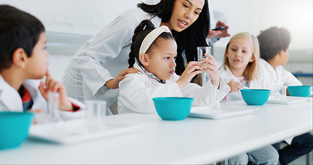 Image showing Science, education and kids in class with their teacher for learning or to study chemistry. Children, school and scholarship with students in a laboratory for an experiment of chemical reaction