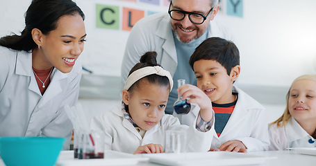 Image showing Science, school and students in class with their teachers for learning or to study chemistry. Children, education and scholarship with kids in a laboratory for an experiment of chemical reaction