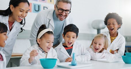 Image showing Science, wow and children in class with their teachers for learning or to study chemistry. Surprise, school and scholarship with student kids in a laboratory for an experiment of chemical reaction