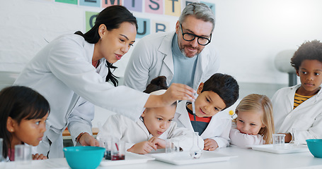 Image showing Science, experiment and students in class with their teachers for learning or to study chemistry. Children, school and education with kids in a laboratory for discovery of a chemical reaction