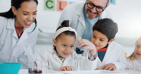 Image showing Science, education and students in a classroom with their teachers for learning or to study chemistry. Children, school and scholarship with kids in a lab for an experiment of chemical reaction