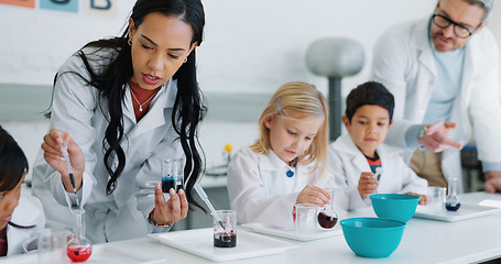 Image showing School kids, science and class with teacher, lab and learning information with experiment for knowledge. Children, boy and girl with education, scientist or scholarship for innovation in laboratory