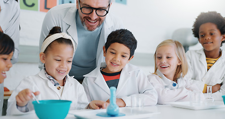 Image showing Science, education and student kids in class with their teachers for learning or to study chemistry. Future, school or scholarship with children in a laboratory for an experiment of chemical reaction