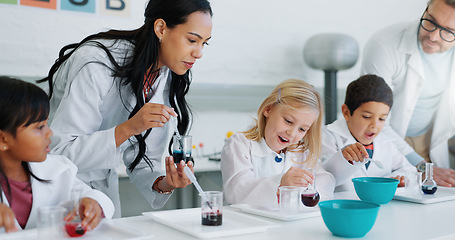 Image showing Science, chemical and students in class with their teachers for learning or to study chemistry. Wow, children and education with kids in a school laboratory for an experiment of surprise reaction