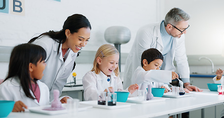 Image showing Science, education and students in class with their teachers for learning or to study chemistry. Children, school and scholarship with kids in a laboratory for an experiment of chemical reaction