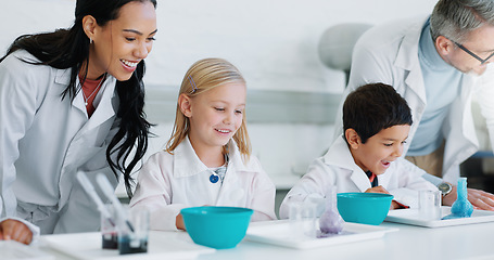 Image showing Science, education and students in a laboratory with their teachers for learning or to study chemistry. Children, school and scholarship with kids in class for an experiment of chemical reaction