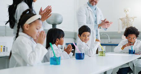 Image showing School kids, science and applause in class for learning, goals and achievement with knowledge in laboratory. Children, boy and girl with education, success and scholarship with cheers at academy