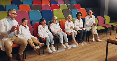 Image showing Children, teachers and science show with smile, diversity and watching to learn, school and exhibition. Education, students and happy for experiment, innovation or learn for future, experiment or lab